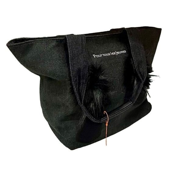 Sondra Roberts Square Large Dark Gray Tote with Black Booties Faux Fur Trim Wine - Picture 5 of 14